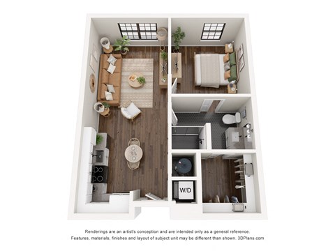 A 3D floor plan of a small apartment with a kitchen, living room, and bathroom.